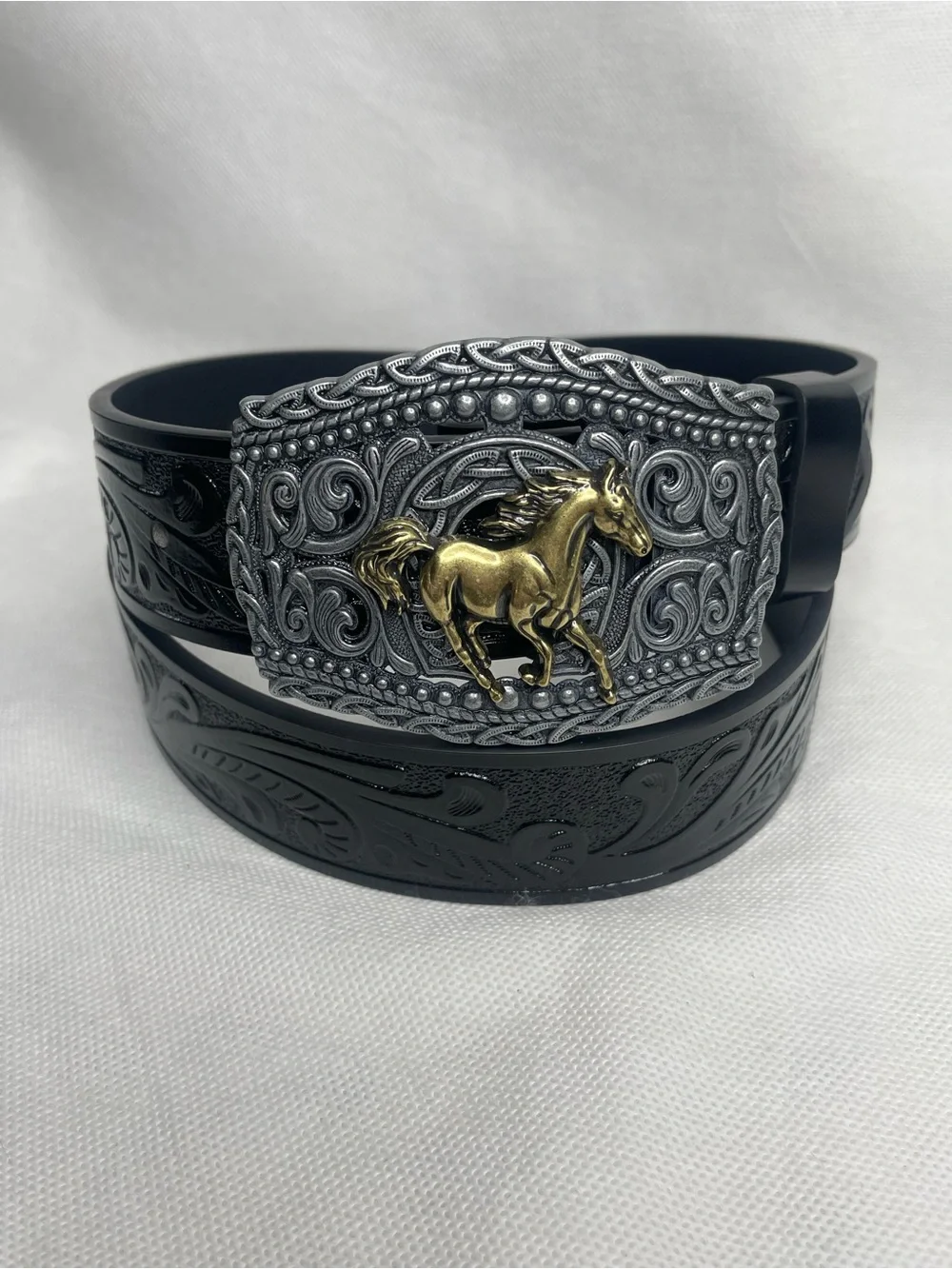 Vintage Western Tooled Big Buckle Belt Size 34 Black Etched Leather Silver Gold